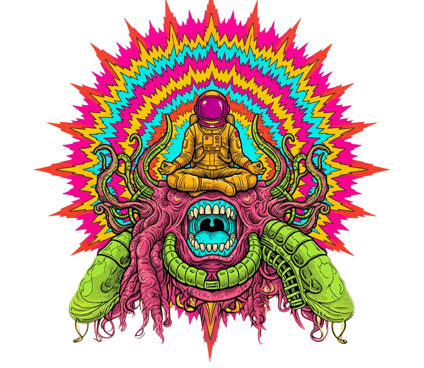 Astronauta meditando sobre una bestia rosa con aureola de rayos de colores