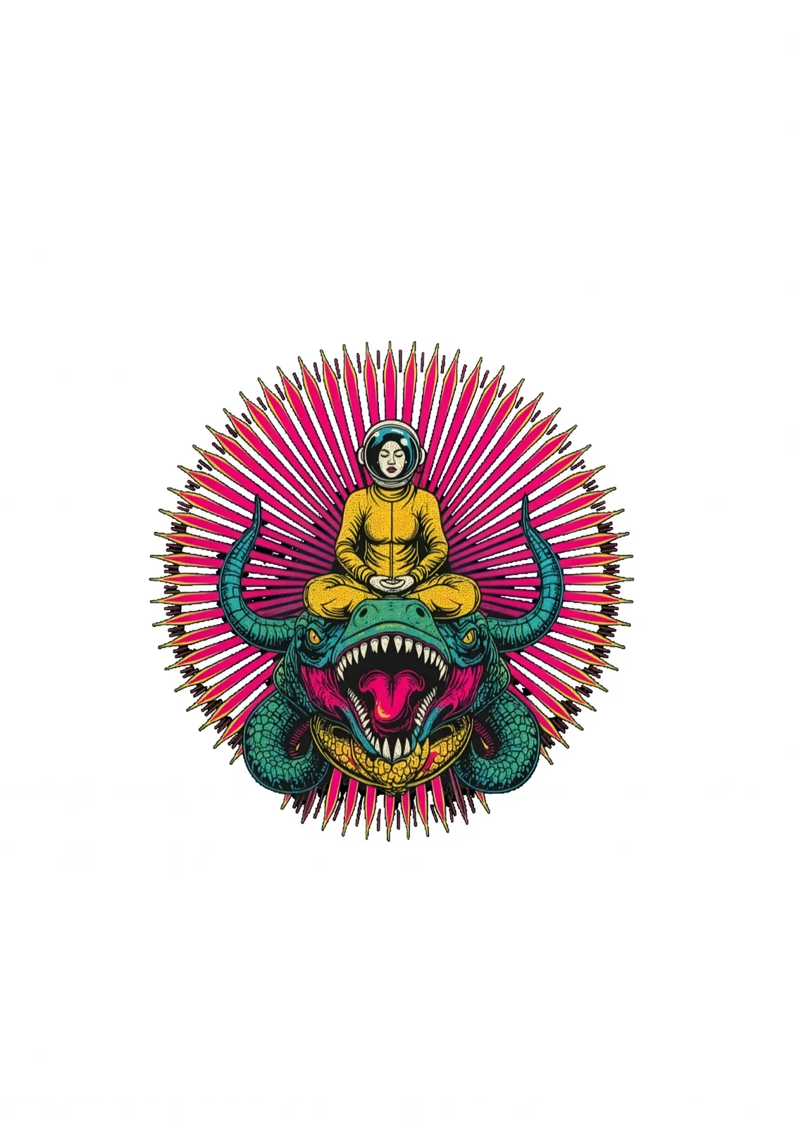 Astronauta meditando sobre un dragón verde con aureola de rayos rosas