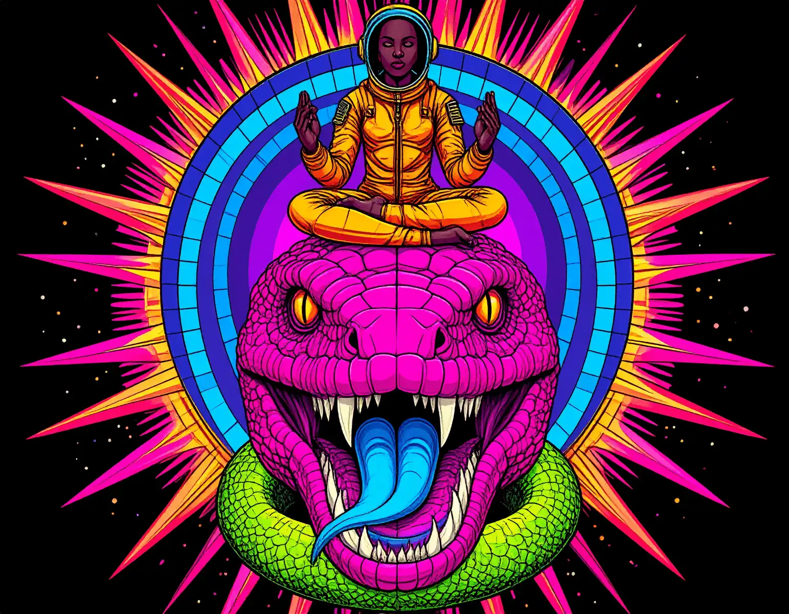 Astronauta meditando sobre una serpiente rosa de lengua azul