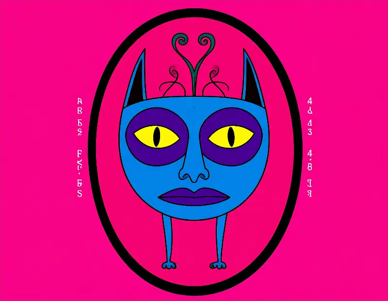 Rostro azul de gato con ojos amarillos sobre fondo rosa