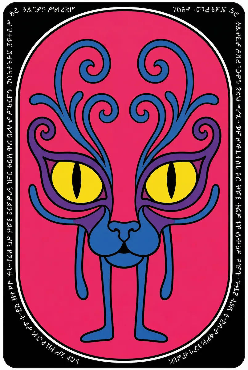 Carta con un gato azul de ojos amarillos y volutas, sobre fondo rosa