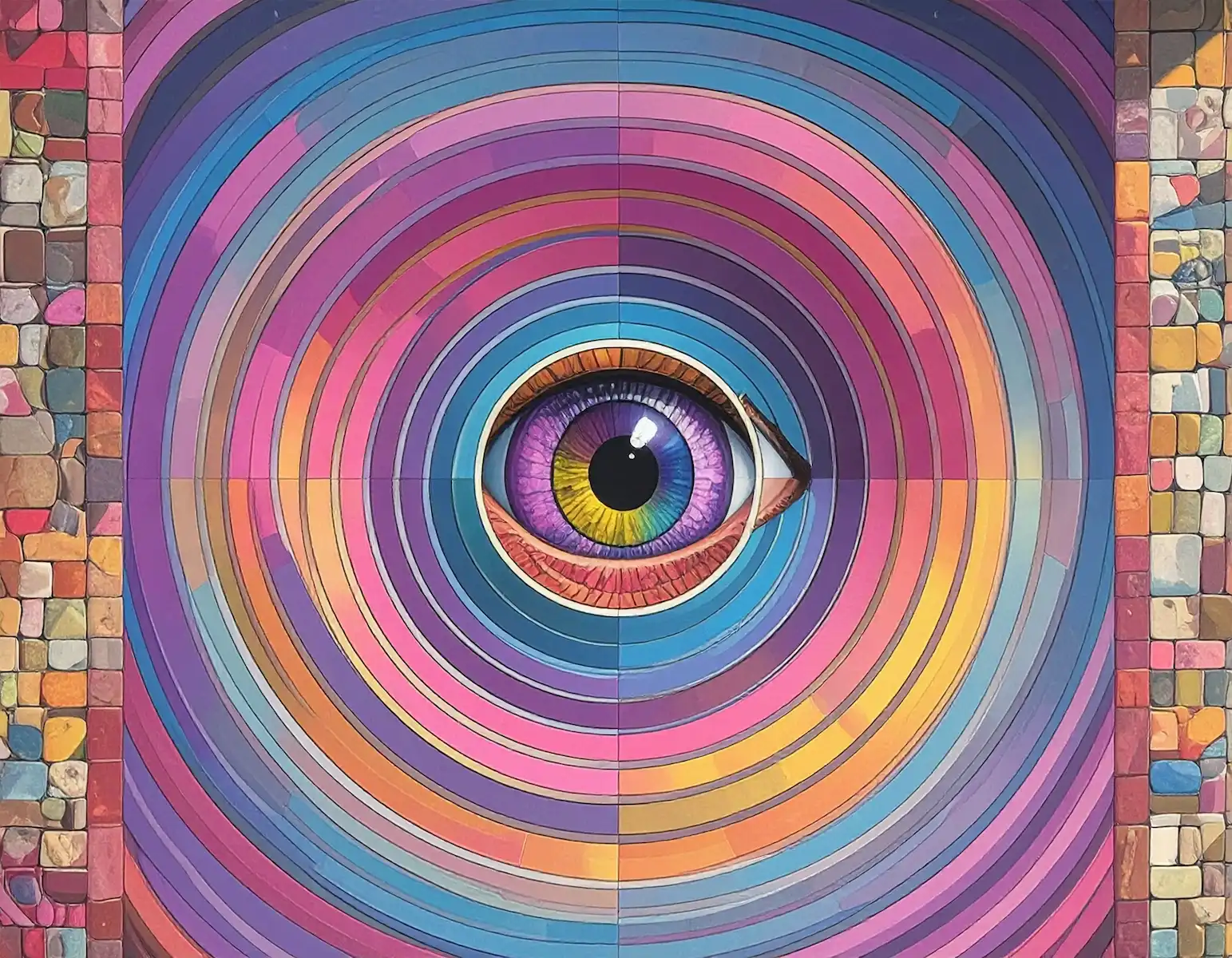 Ojo violeta en el centro de círculos concéntricos de colores, entre mosaicos