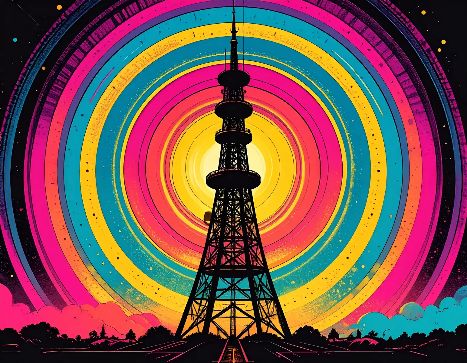 Silueta de una torre de radio rodeada de ondas de colores